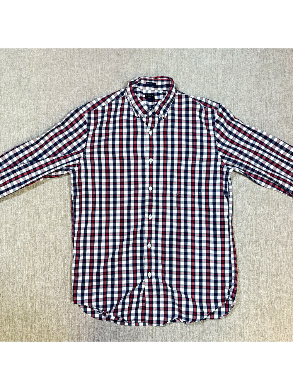 J.Crew Mens Medium Slim Fit Navy Red White Gingham Check Button Down Shirt LS
